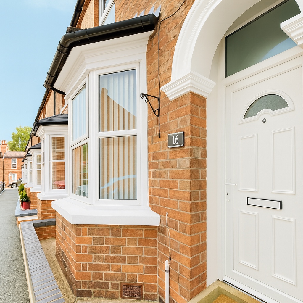 Period brick property with a white entrance door and bay window