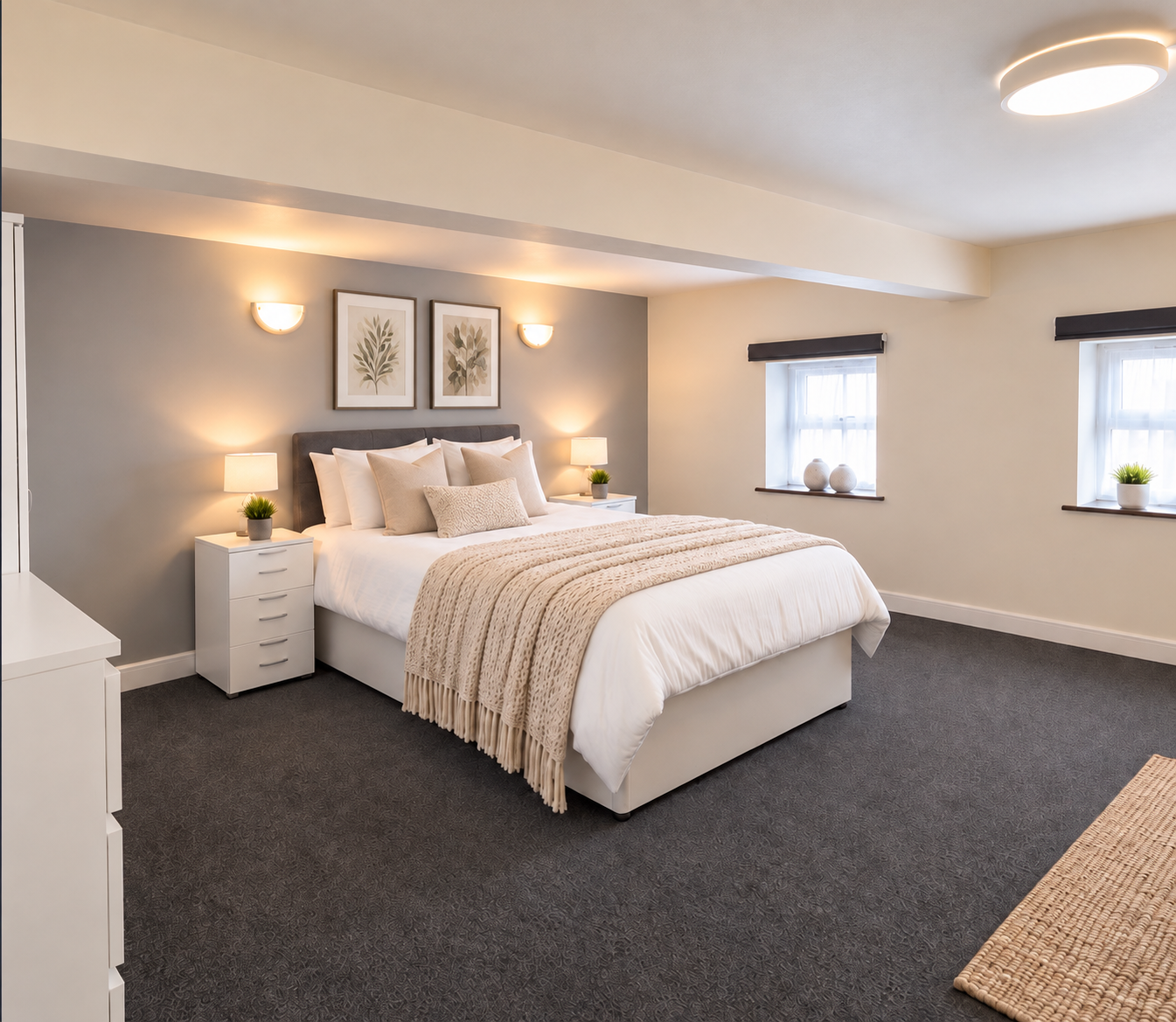 Virtually staged bedroom with botanical prints, neutral bedding and warm lighting