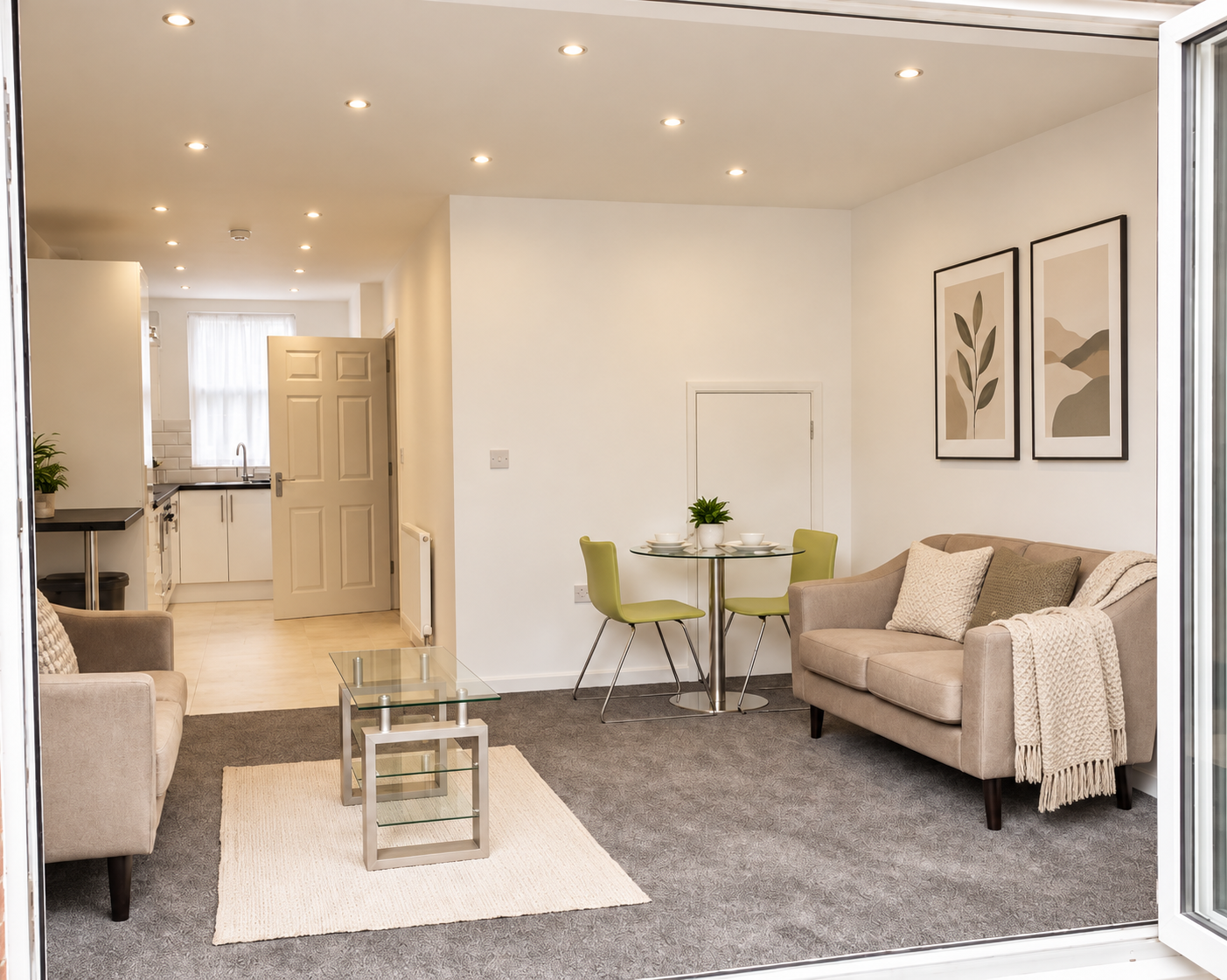 Virtually staged living and dining room with framed artwork and an oatmeal sofa throw